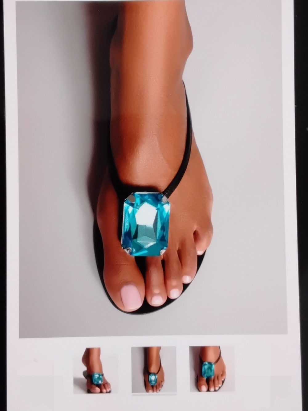 NWT” Women's Black Sandal with Large Aqua Gem